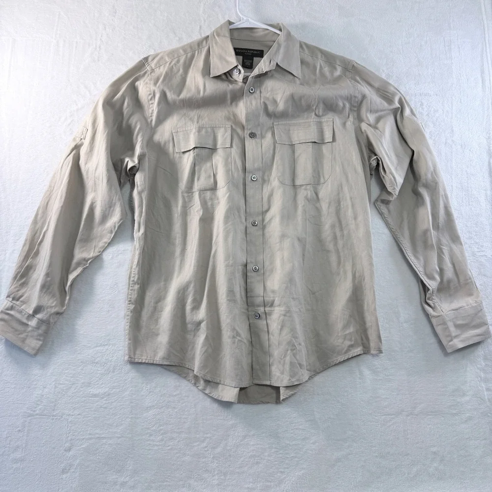 Banana Republic Shirt Button Down Classic Tan Long Sleeve Pockets‎ Mens L
